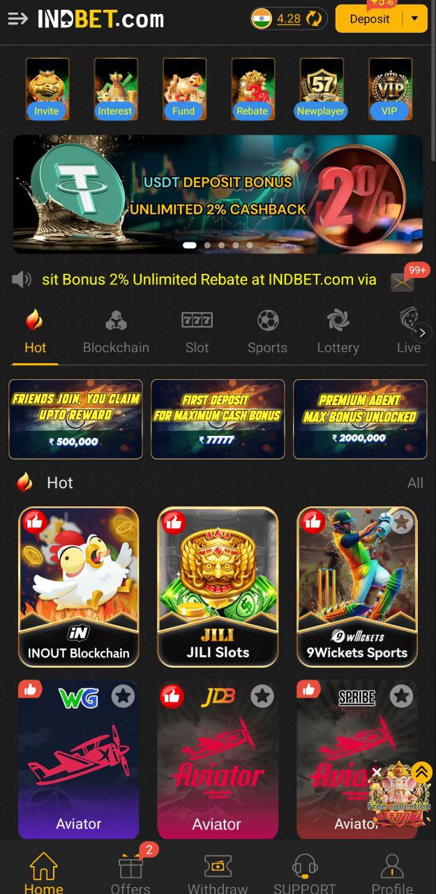 IndBet Game app interface showing real cash casino games