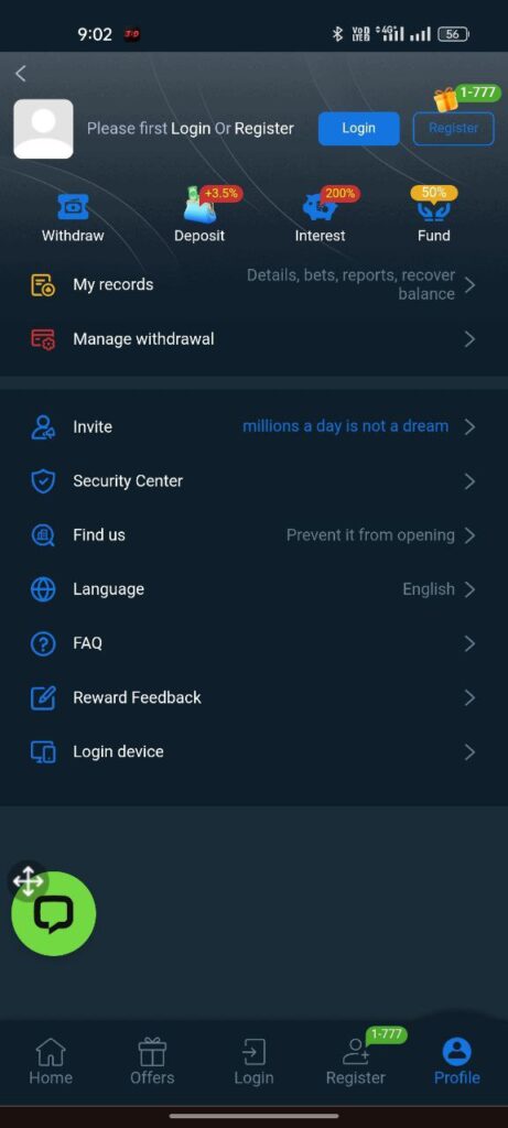 1M Game registration and login page screen with mobile number sign up option